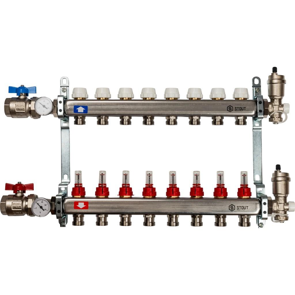 Коллекторная группа STOUT из нерж. стали в сборе с расходомерами 8 выходов