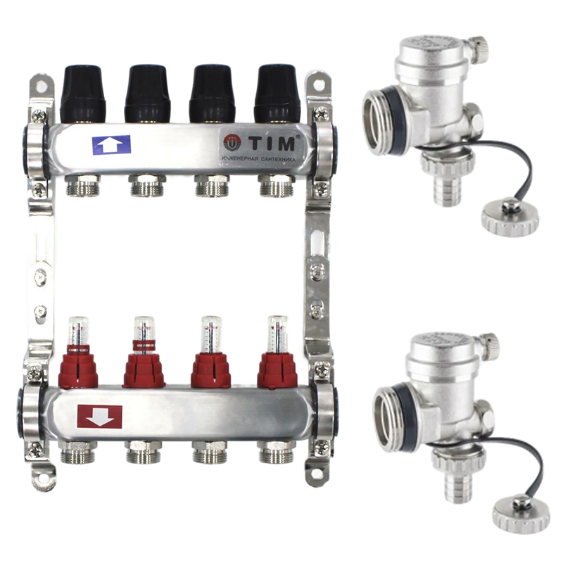 Коллекторная группа TIM из нерж. стали с расходомерами 4 выхода (с концевиками)
