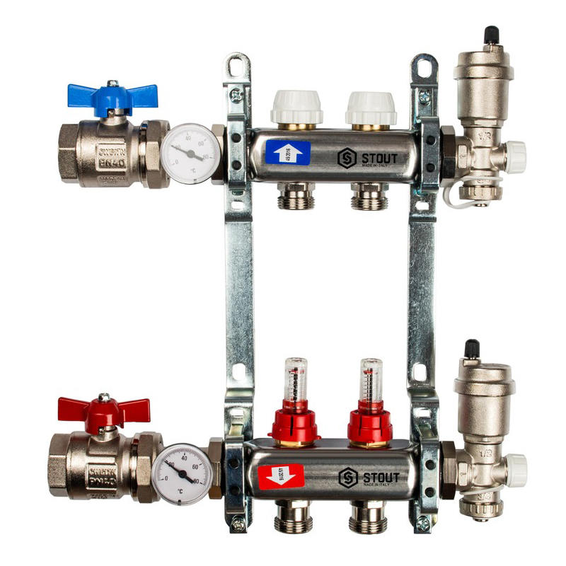 Коллекторная группа STOUT из нерж. стали в сборе с расходомерами 2 выхода 