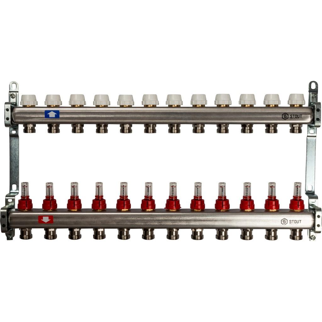 Коллекторная группа STOUT из нерж. стали с расходомерами 12 выходов