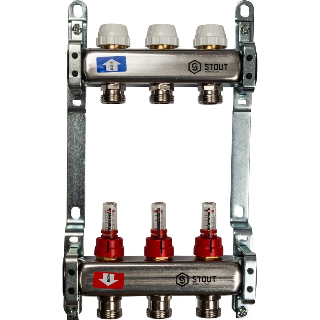 Коллекторная группа STOUT из нерж. стали с расходомерами 3 выхода