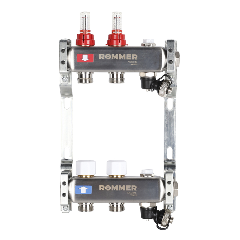 Коллекторная группа ROMMER из нерж. стали с расходомерами 2 выхода (с краном маевского и сливом)