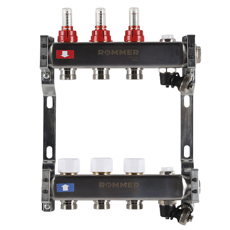 Коллекторная группа ROMMER из нерж. стали с расходомерами 3 выхода (с краном маевского и сливом)