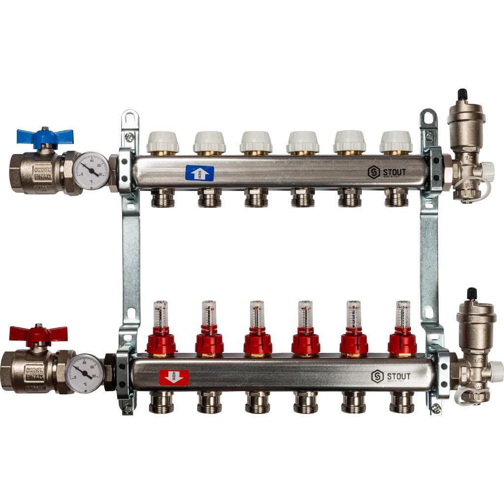 Коллекторная группа STOUT из нерж. стали в сборе с расходомерами 6 выходов