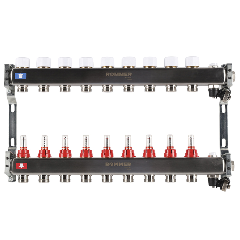 Коллекторная группа ROMMER из нерж. стали с расходомерами 9 выходов (с краном маевского и сливом)