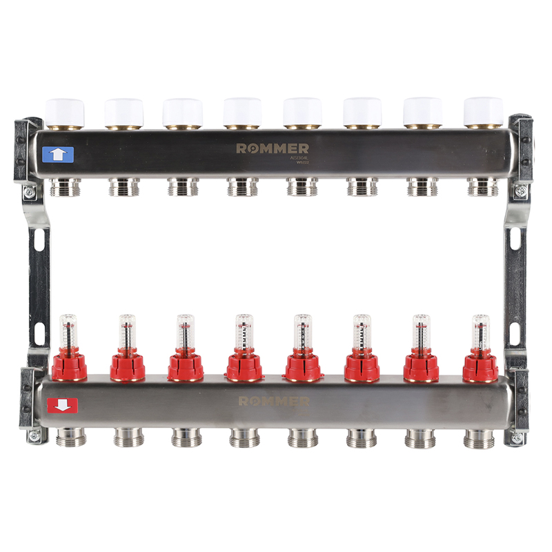 Коллекторная группа ROMMER из нерж. стали с расходомерами 8 выходов