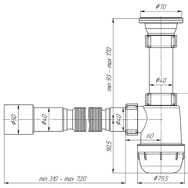 A0115 Сифон для кухонной мойки АНИ Грот A0115, 1 1/2"*40 с гибкой трубой 40*40/50мм