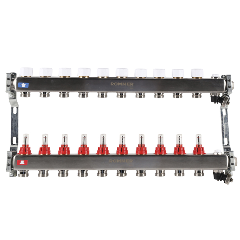 Коллекторная группа ROMMER из нерж. стали с расходомерами 10 выходов (с краном маевского и сливом)
