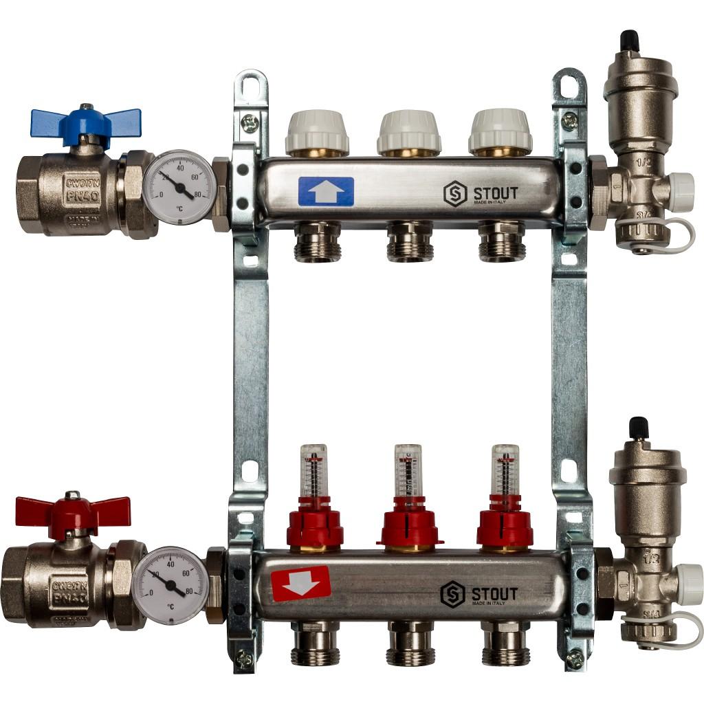 Коллекторная группа STOUT из нерж. стали в сборе с расходомерами 3 выхода 