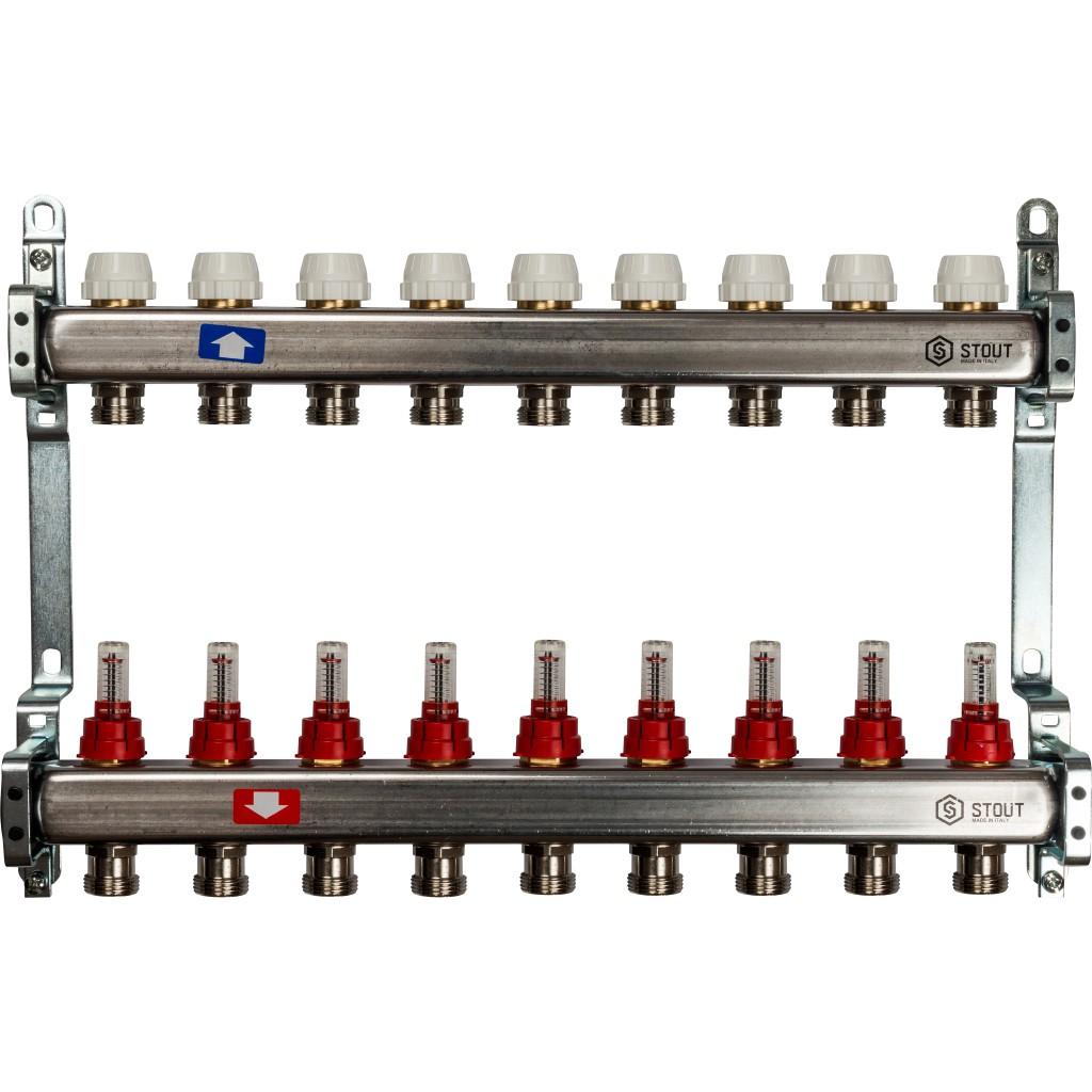 Коллекторная группа STOUT из нерж. стали с расходомерами 9 выходов