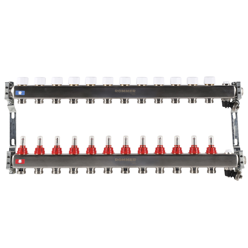 Коллекторная группа ROMMER из нерж. стали с расходомерами 12 выходов (с краном маевского и сливом)