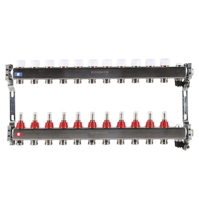 Коллекторная группа ROMMER из нерж. стали с расходомерами 11 выходов (с краном маевского и сливом)