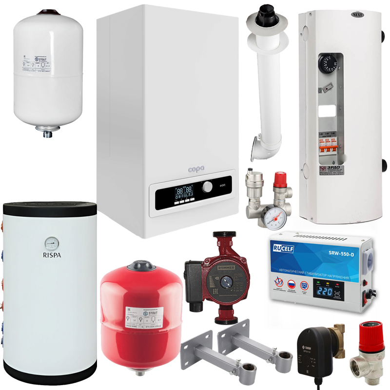 Пакет № 6 Газовый котел Сора EON 1.24 + Электрокотел 12 квт + бойлер RISPA 100 + ВСЯ ОБВЯЗКА