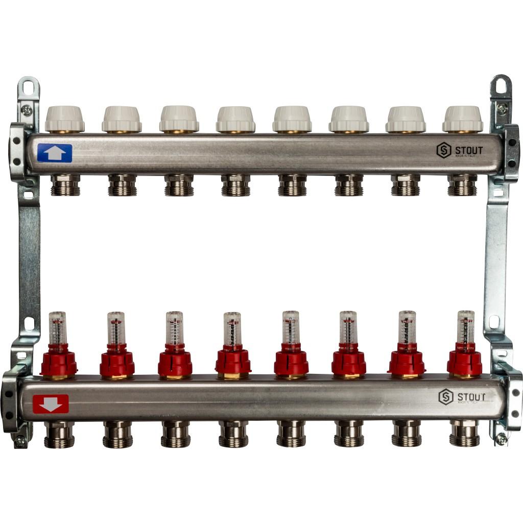 Коллекторная группа STOUT из нерж. стали с расходомерами 8 выходов