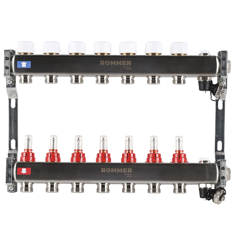 Коллекторная группа ROMMER из нерж. стали с расходомерами 7 выходов (с краном маевского и сливом)