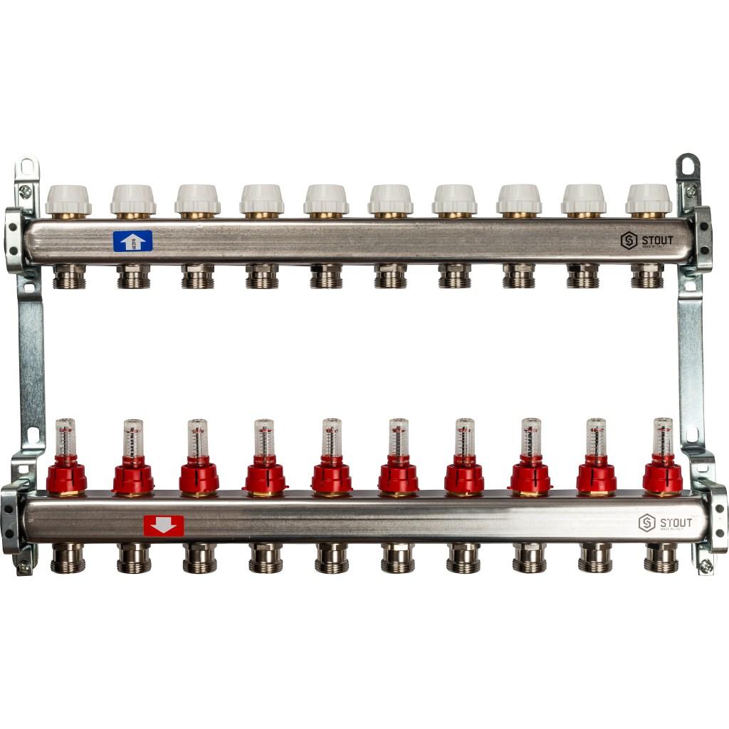 Коллекторная группа STOUT из нерж. стали с расходомерами 10 выходов