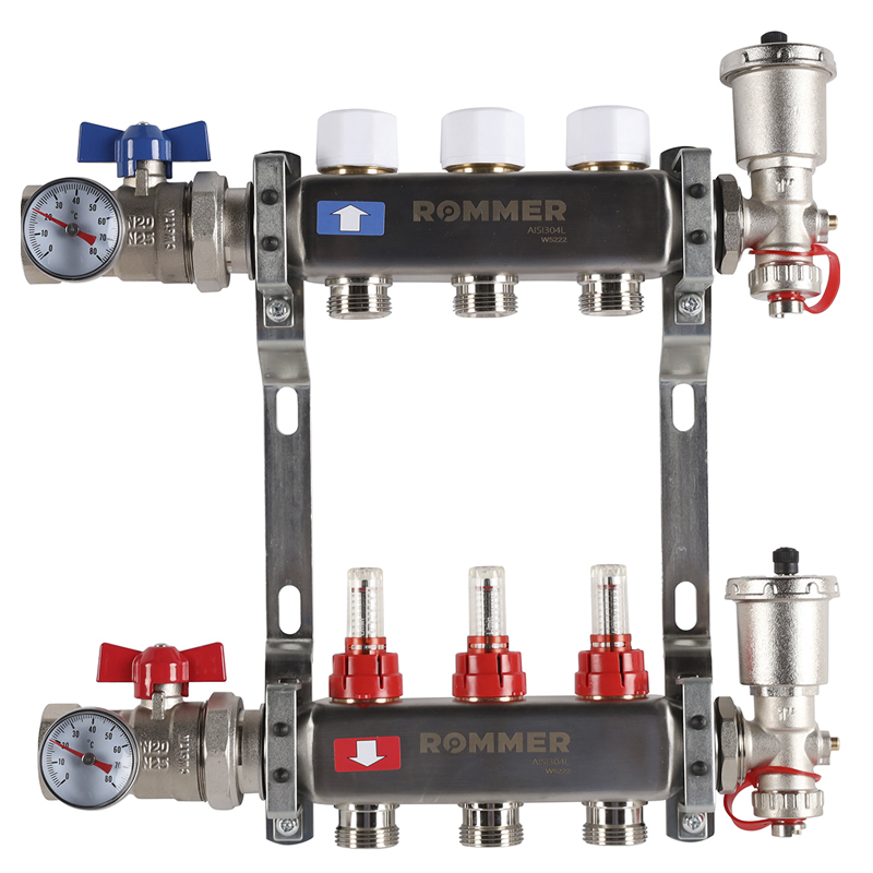 Коллекторная группа ROMMER из нерж. стали В СБОРЕ с расходомерами 3 выхода