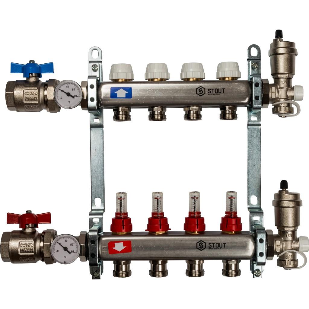 Коллекторная группа STOUT из нерж. стали в сборе с расходомерами 4 выхода