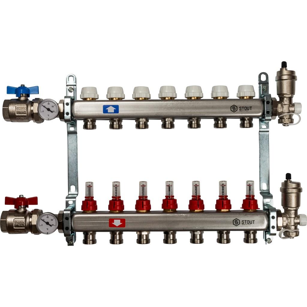 Коллекторная группа STOUT из нерж. стали в сборе с расходомерами 7 выходов