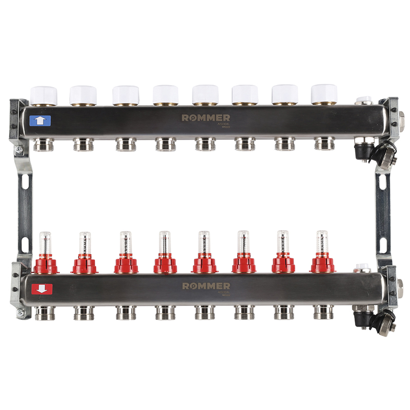 Коллекторная группа ROMMER из нерж. стали с расходомерами 8 выходов (с краном маевского и сливом)