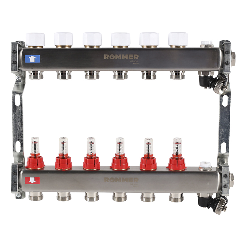 Коллекторная группа ROMMER из нерж. стали с расходомерами 6 выходов (с краном маевского и сливом)