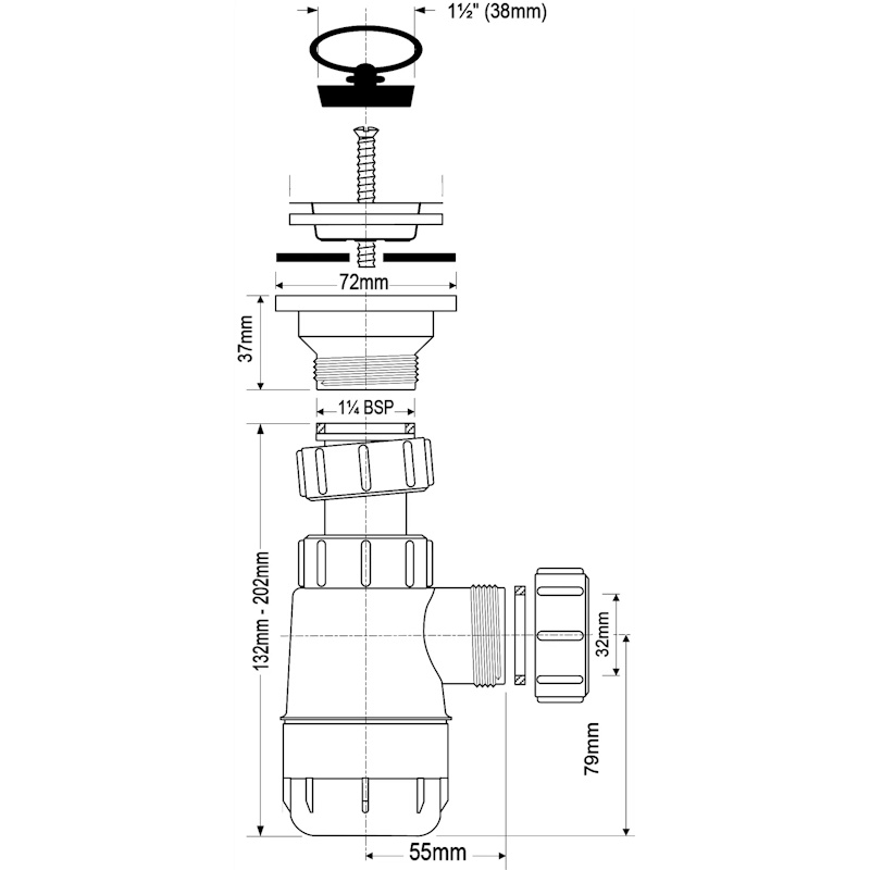 McAlpine Сифон бутылочный 1,25"/32/32 нерж. с выпуском (60 мм)