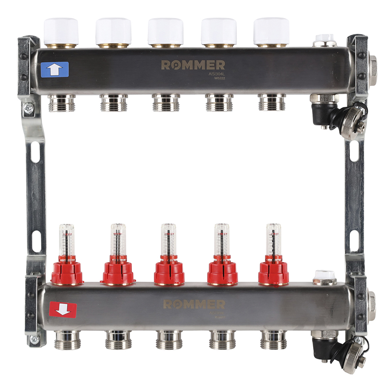 Коллекторная группа ROMMER из нерж. стали с расходомерами 5 выходов (с краном маевского и сливом)