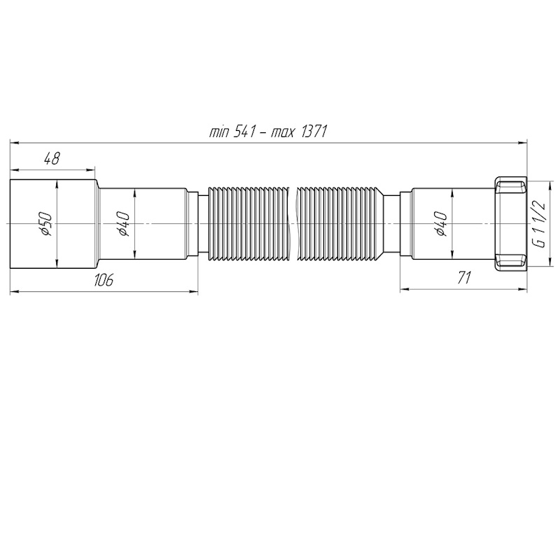 K116 Гибкая труба 1 1/2"*40/50 удлиненная (541-1371мм)