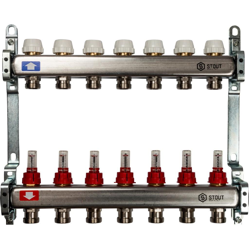 Коллекторная группа STOUT из нерж. стали с расходомерами 7 выходов