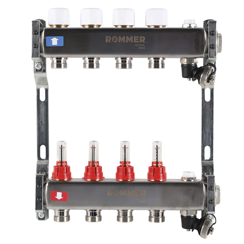 Коллекторная группа ROMMER из нерж. стали с расходомерами 4 выхода (с краном маевского и сливом)