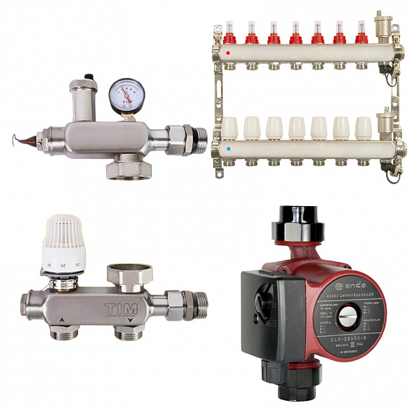Комплект водяного теплого пола до 105 м2 (TIM JH-1040 + насос 25/6 + коллектор 7 вых)*
