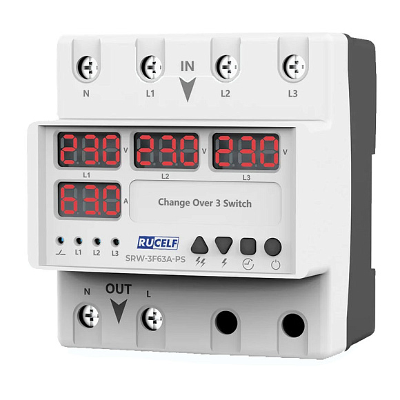 Реле напряжения с выбором фаз RUCELF SRW-3F63A-PS 3в1 с автоматическим переключателем