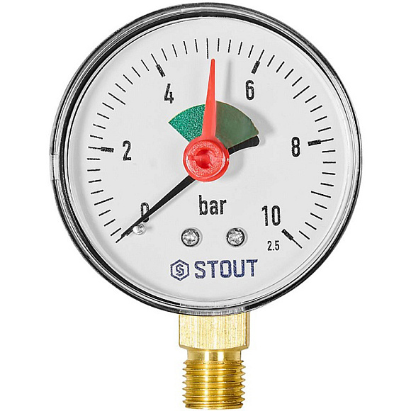 STOUT Манометр радиальный 10 бар, корпус 63 мм, 1/4" (с указателем предела)
