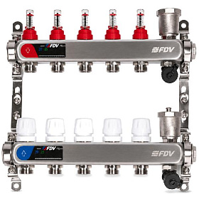 Коллекторная группа FDV из нерж. стали с расходомерами 5 выходов (с воздухоотводчиком и сливом)