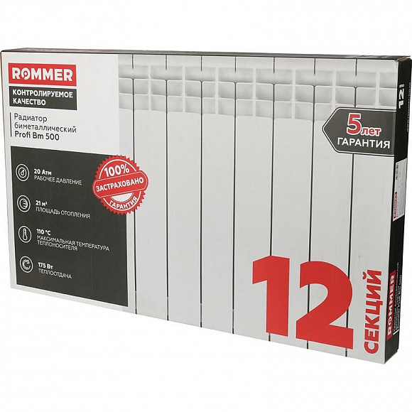 Биметаллический радиатор ROMMER Profi BM 500/80, 12 секций Биметаллический радиатор ROMMER Profi BM 500/80, 12 секций