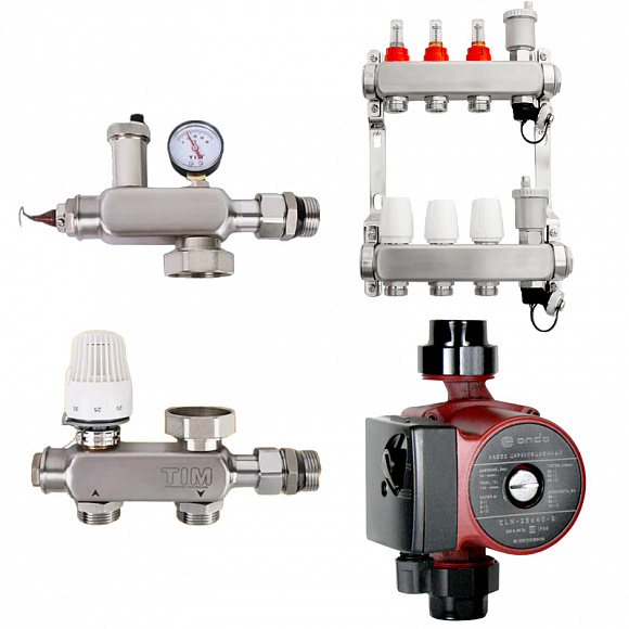 Комплект водяного теплого пола до 45 м2 (TIM JH-1040 + насос 25/4 + коллектор 3 вых)*