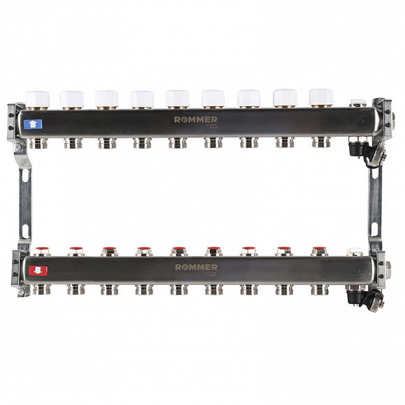 Коллекторная группа ROMMER из нерж. стали без расходомеров 9 выходов (с краном маевского и сливом)