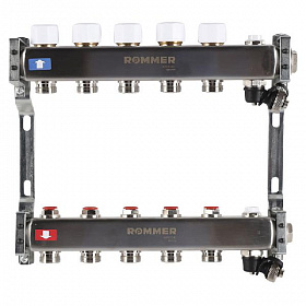 Коллекторная группа ROMMER из нерж. стали без расходомеров 5 выходов (с краном маевского и сливом)