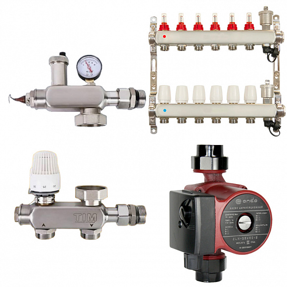 Комплект водяного теплого пола до 90 м2 (TIM JH-1040 + насос 25/6 + коллектор 6 вых)*