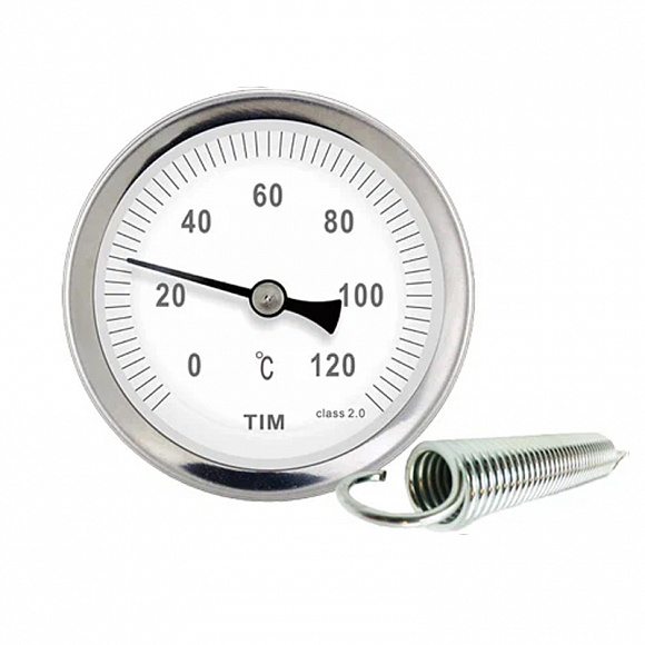 Термометр TIM Dn 63 мм, гильза 50 мм 1/2", 0...120°С (с накладной пружиной) Термометр TIM Dn 63 мм, гильза 50 мм 1/2", 0...120°С (с накладной пружиной)