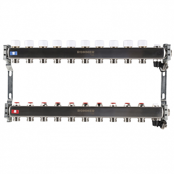 Коллекторная группа ROMMER из нерж. стали без расходомеров 10 выходов (с краном маевского и сливом)