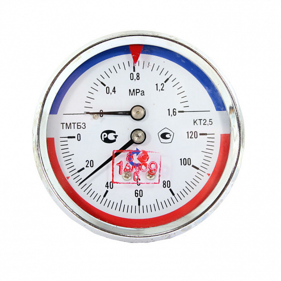 Термоманометр аксиальный РОСМА, 16 бар, 0-120°C, корпус 80 мм, 1/2"