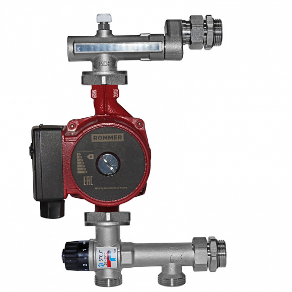 Смесительный узел для теплого STOUT, с клапаном 20-43°C, с насосом ROMMER 25/6