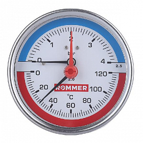 Термоманометр ROMMER аксиальный, 4 бара, 0-120°C, корпус 80 мм, 1/2"