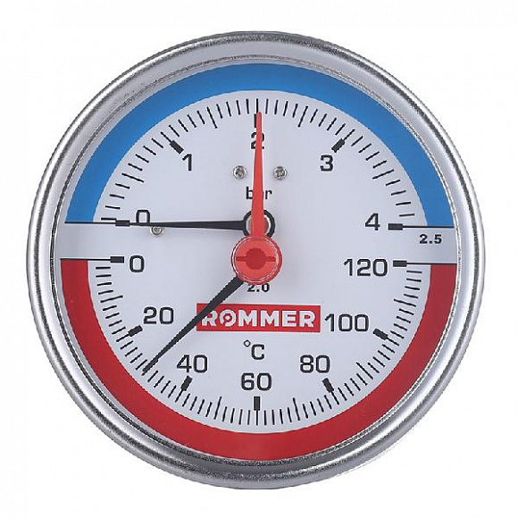Термоманометр ROMMER аксиальный, 10 бар, 0-120°C, корпус 80 мм, 1/2"