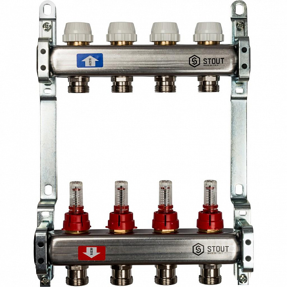 Коллекторная группа STOUT из нерж. стали с расходомерами 4 выхода