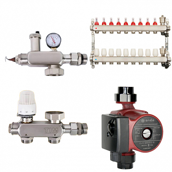 Комплект водяного теплого пола до 135 м2 (TIM JH-1040 + насос 25/6 + коллектор 9 вых)*