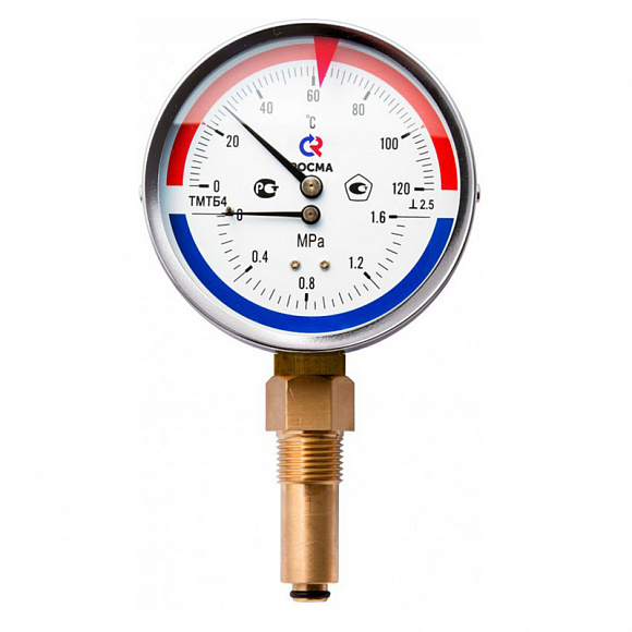 Термоманометр радиальный РОСМА, 6 бар, 0-120°C, корпус 80 мм, 1/2"
