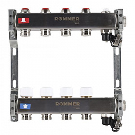 Коллекторная группа ROMMER из нерж. стали без расходомеров 4 выхода (с краном маевского и сливом)