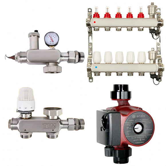 Комплект водяного теплого пола до 75 м2 (TIM JH-1040 + насос 25/4 + коллектор 5 вых)*